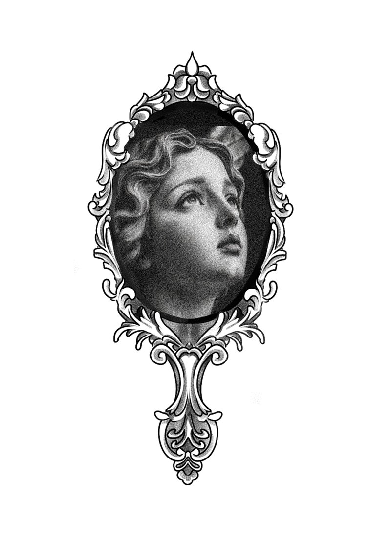 Flash miroir ancien orné avec visage sculpté